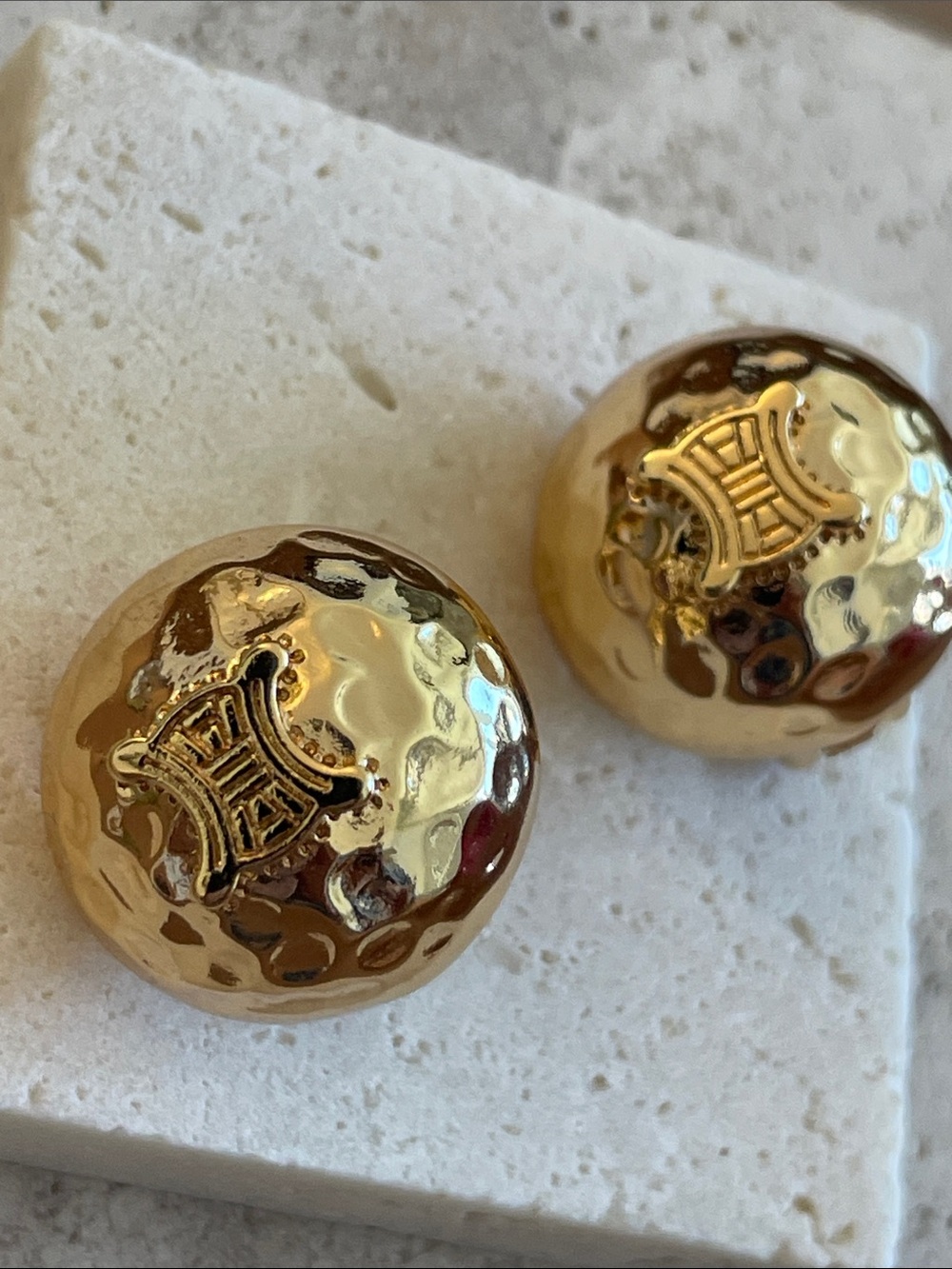 Celine Hammered Dome Logo Gold Clip-On Earrings - Picture 3 of 5